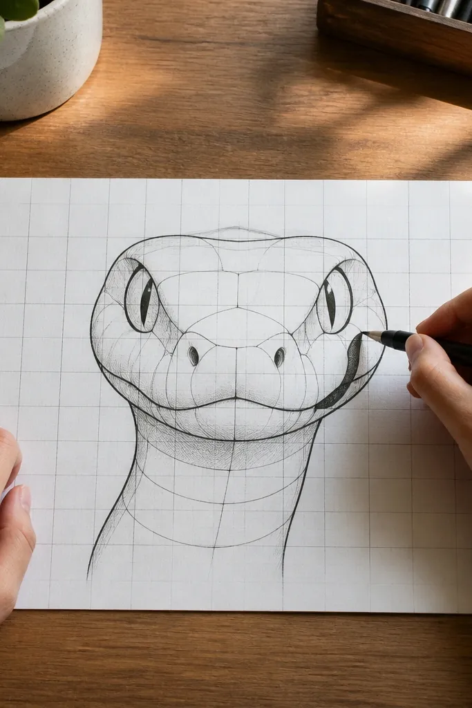 Snake head shaped from grid boxes with a simple neck curve