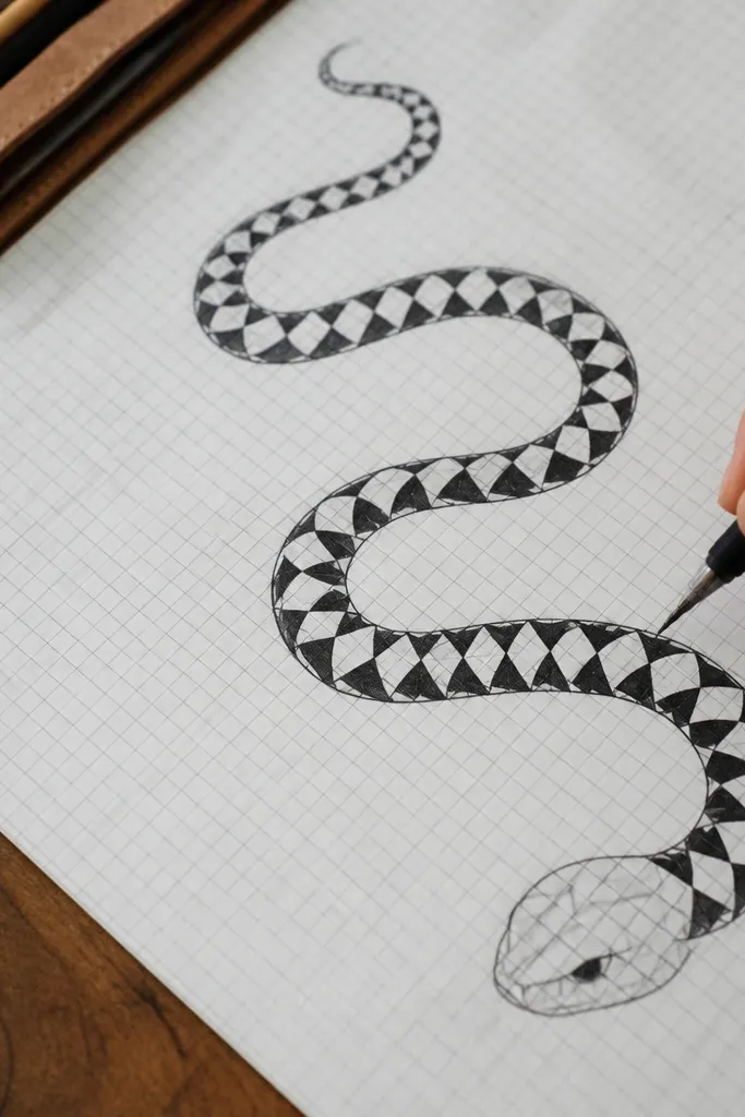 Snake with repeating triangle pattern along the body on grid paper