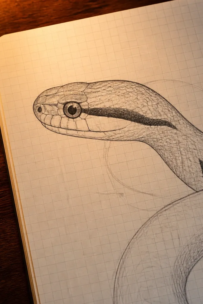 Snake head facing left with neck overlap lines on grid paper