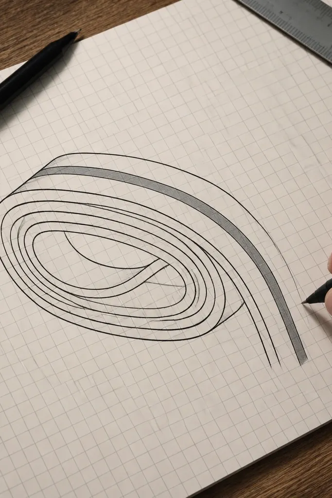 Side-view coiled snake with a center groove stripe on grid paper
