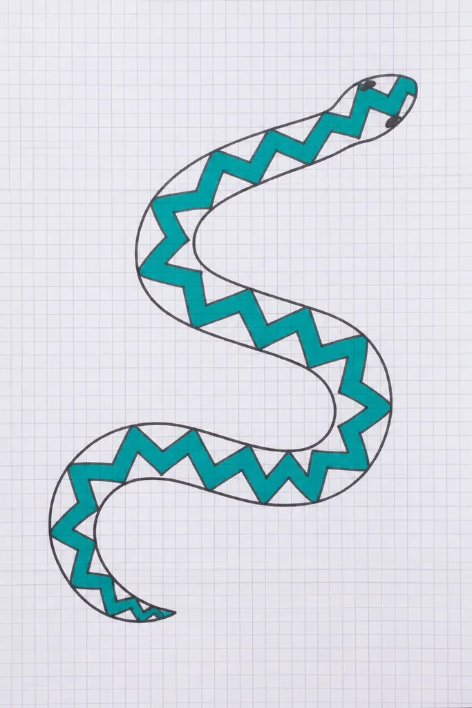 Snake with alternating zig stripes along a wavy body on grid paper