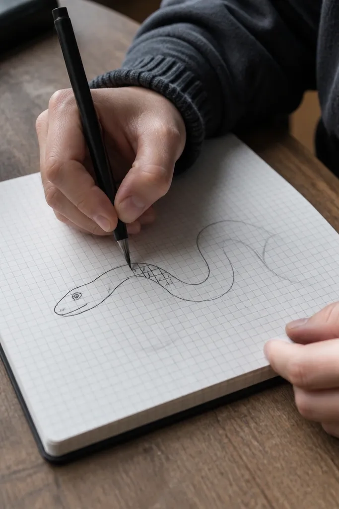 Minimal snake outline with three blocky scale sections on grid