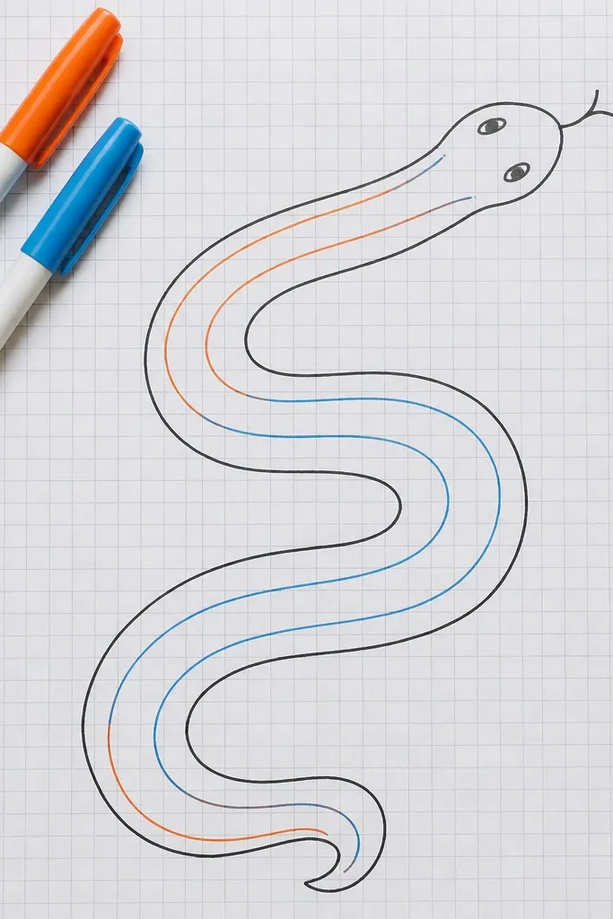 Looping S snake with two stripe paths on grid paper