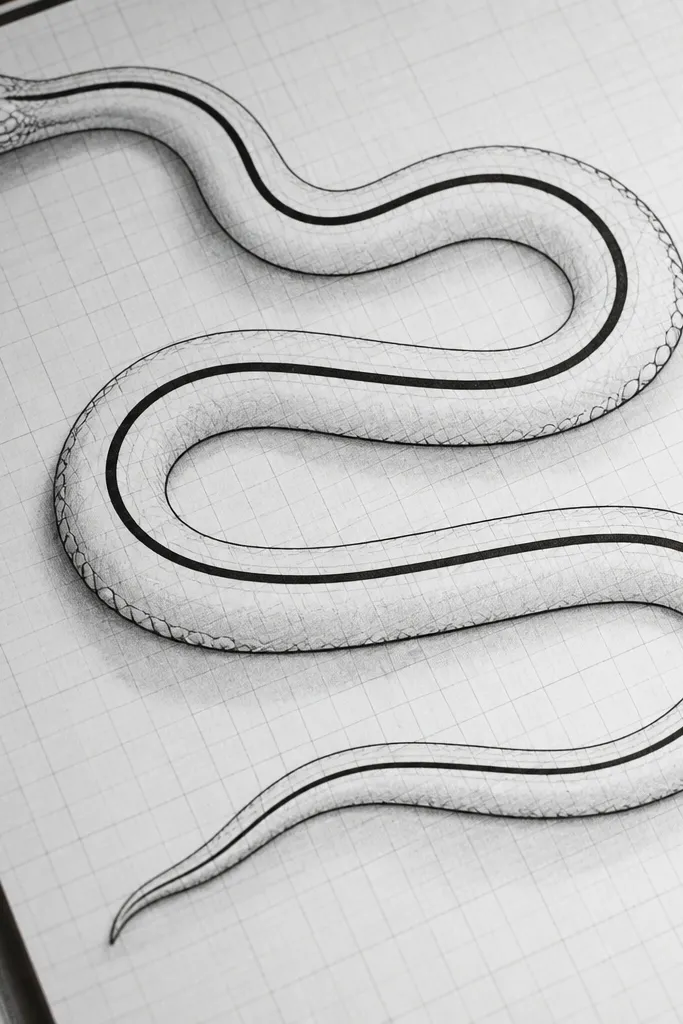 Diagonal coiled snake with one row of scale marks on grid