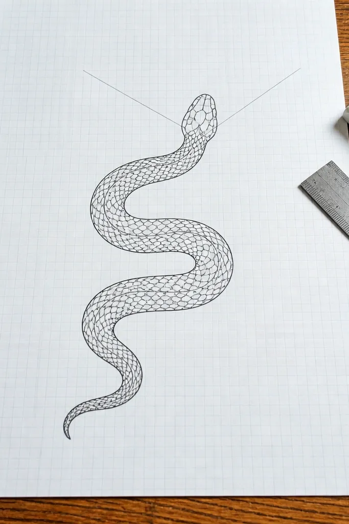 Snake crawling with simplified perspective lines on grid paper