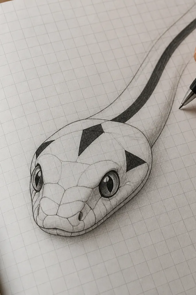 Snake head with three triangle scales on grid paper