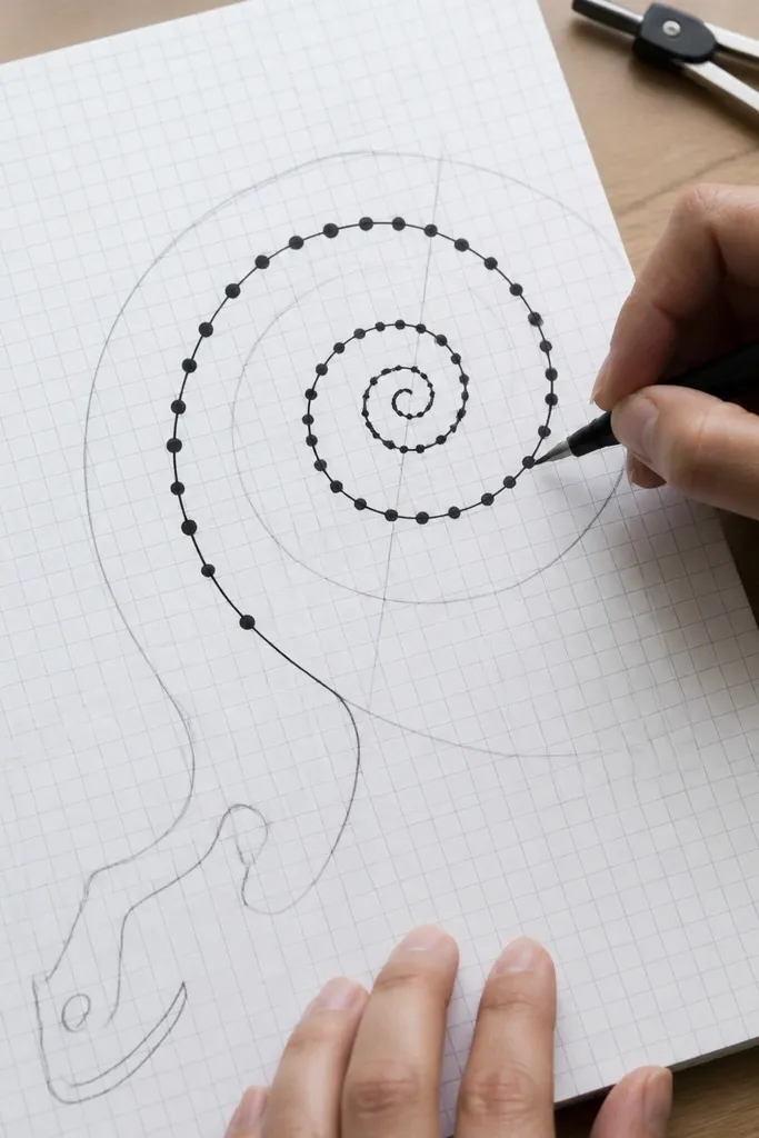 Snake tail spiral with a dotted line trail on grid paper