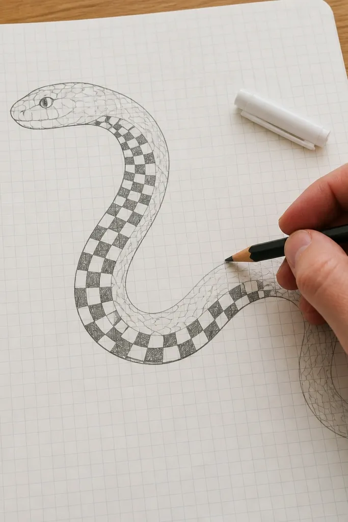 Wavy snake body with checker pattern belly on grid