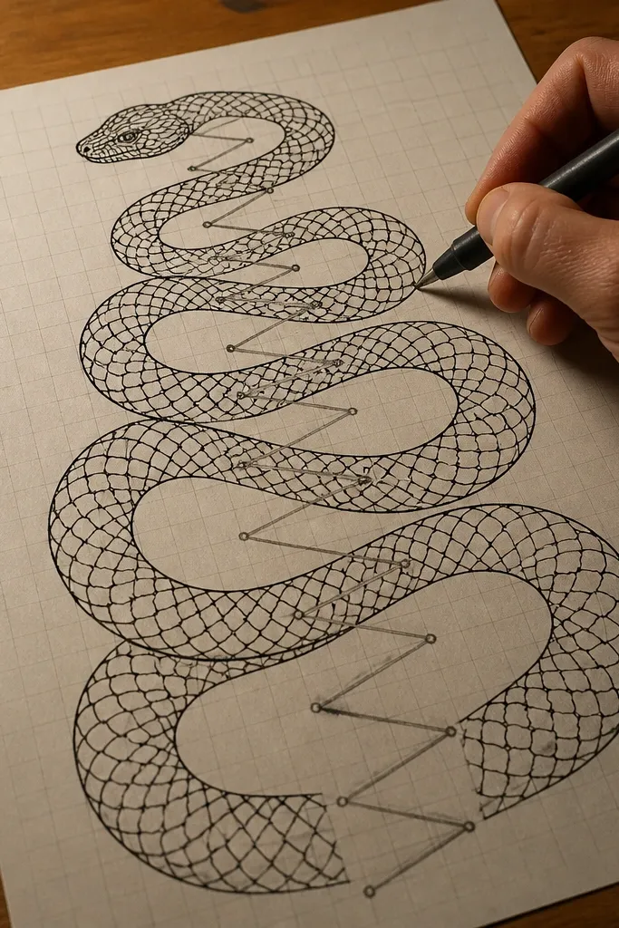 Coiled snake with a zig-zag backbone line and stripes