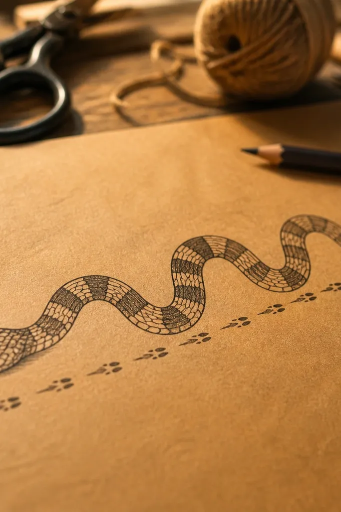 A sidewinder snake drawn in arcs with repeating track marks behind it