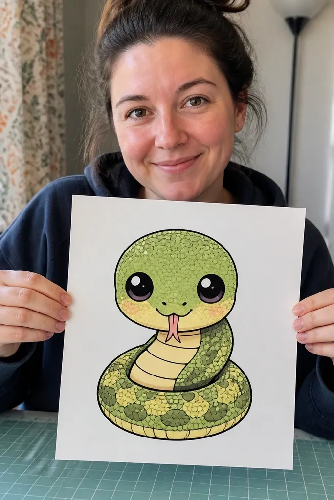 A chibi snake with large eyes, a small tongue, and tiny scale dots