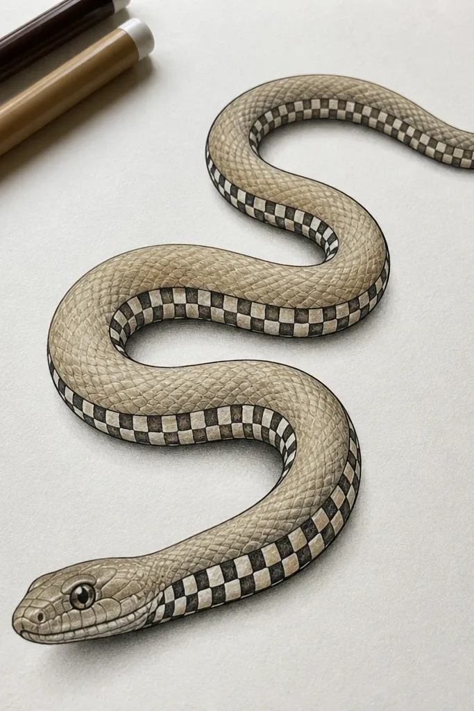 A snake with a checker pattern on the belly and a dark outline
