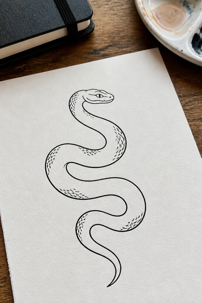 A minimal snake drawn with one continuous line and scale dashes along the body