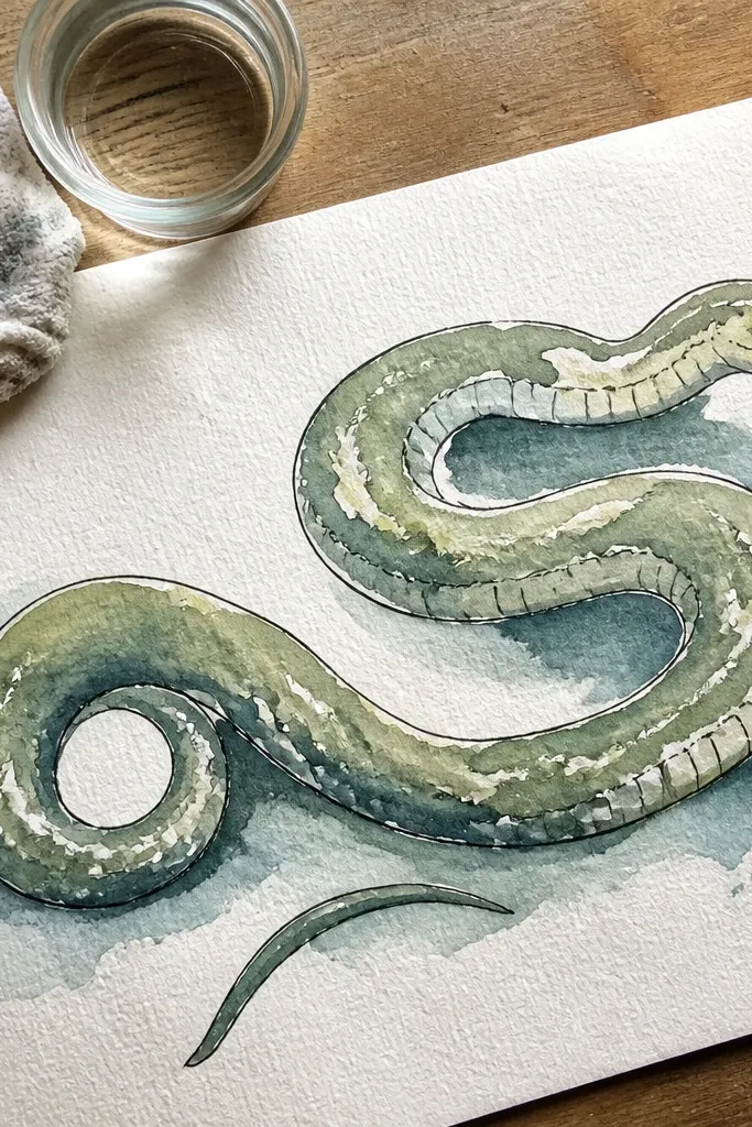 A snake with a bold outline and soft colored wash shading