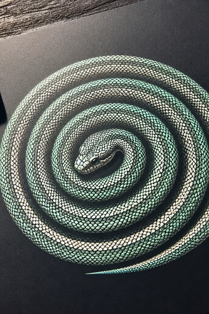 A spiral-coiled snake with concentric curved scale rings