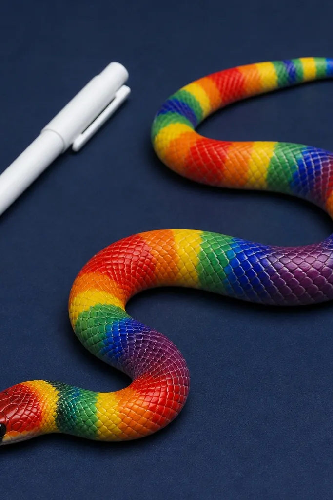 A snake with bright rainbow bands drawn on dark paper