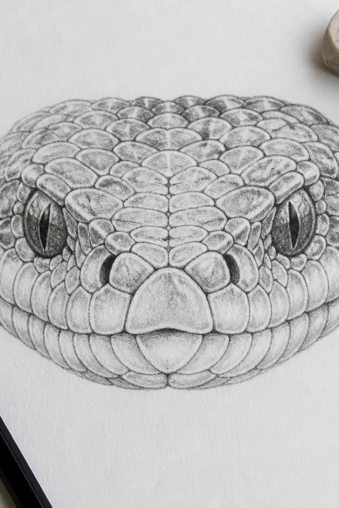 A snake head with chevron scales around the mouth and eyes