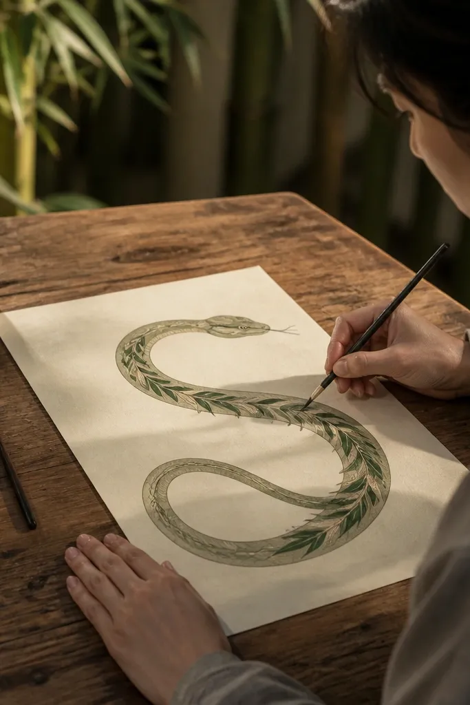 A snake body with leafy side patterns and a simple coiled pose