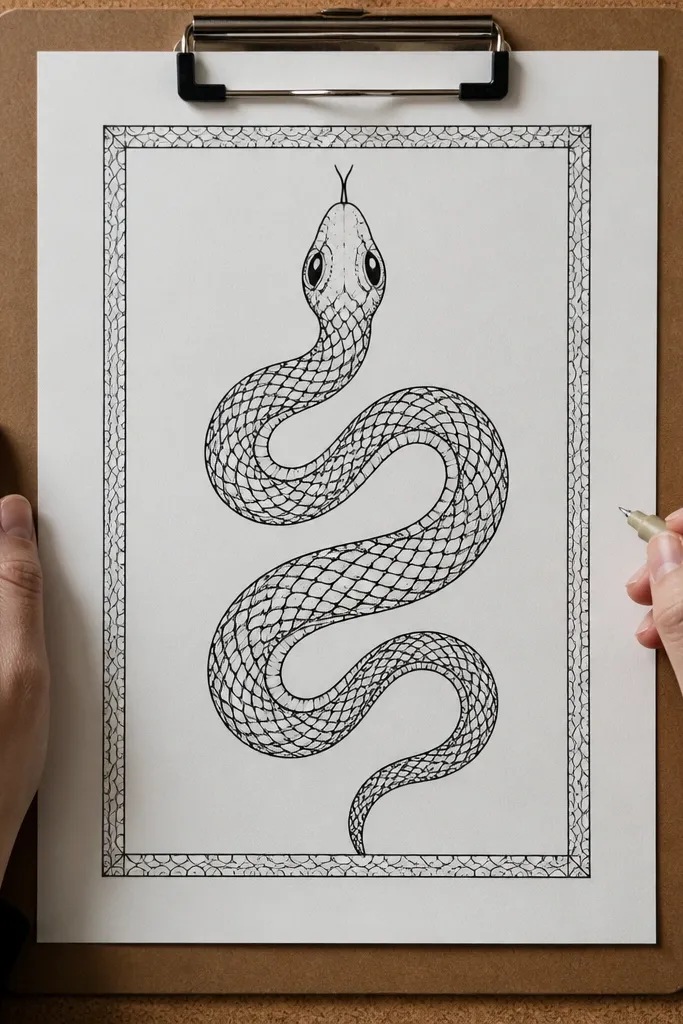A snake curled inside a rectangular frame with repeated scale details