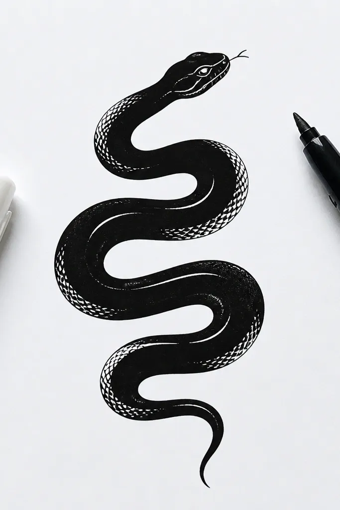 A black ink snake with white highlight lines and bold shapes