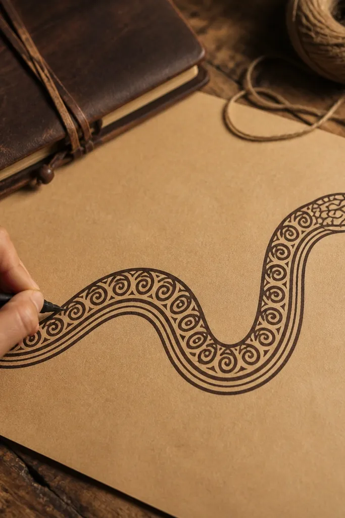 A tribal-style snake with loop spirals and belly bands