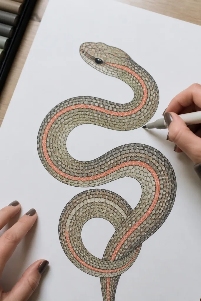 A snake with polka-scale dots and one bright colored stripe