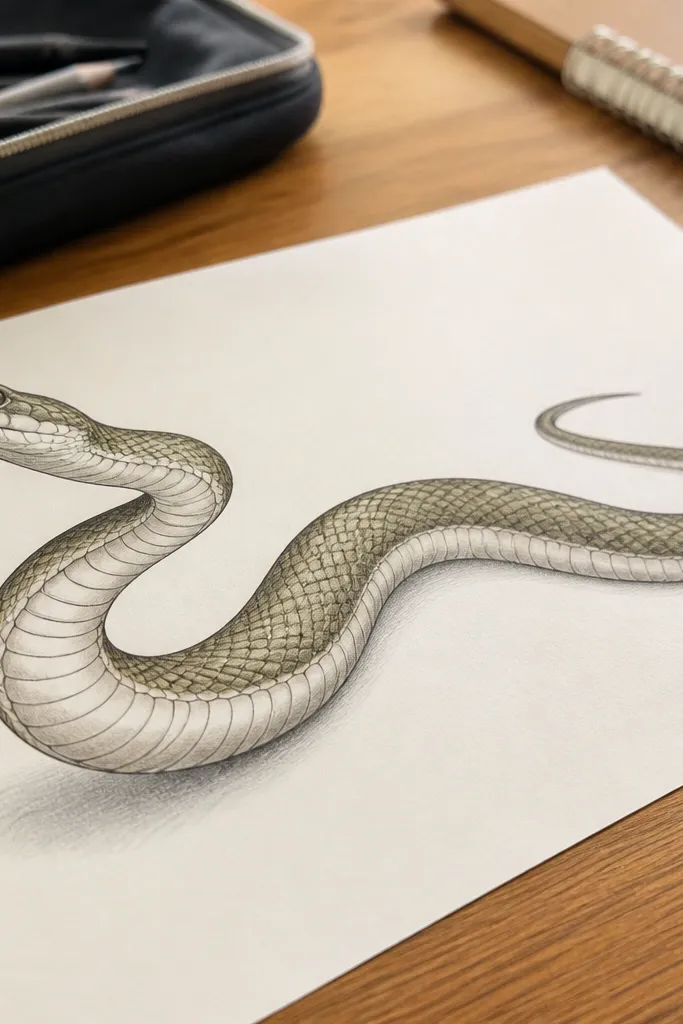 A snake drawn with a strong belly line and simplified scale texture