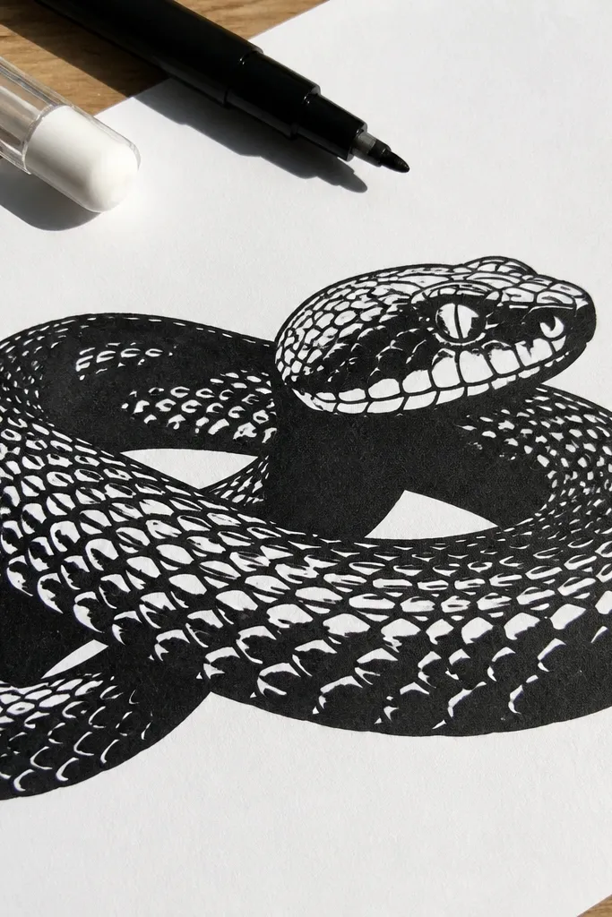 A solid snake silhouette with white cutout highlights shaped like scales