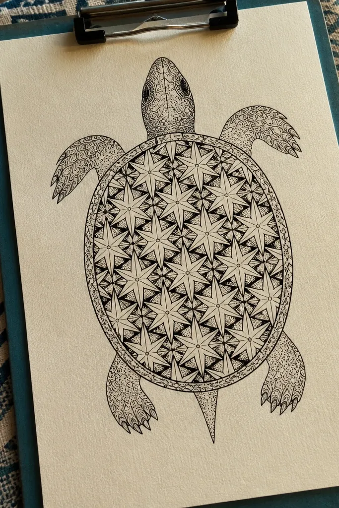 A cute turtle with a centered oval shell and small star shapes on it