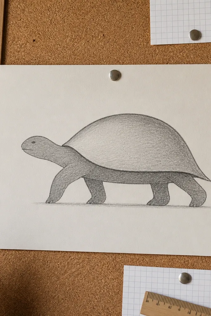 A side-view turtle with a curved shell and a shadow along the bottom rim