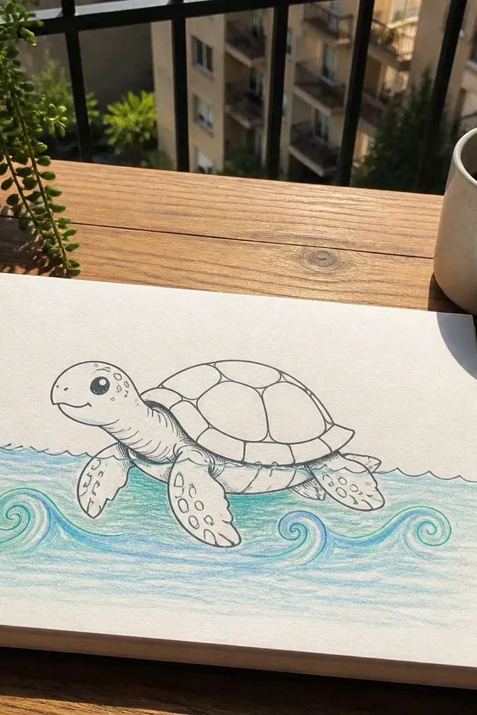 A cartoon turtle standing on a wavy line with water-like curls around