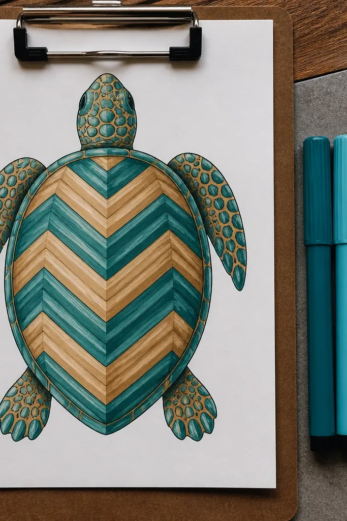 A turtle with a shell covered in neat chevron bands and simple shading