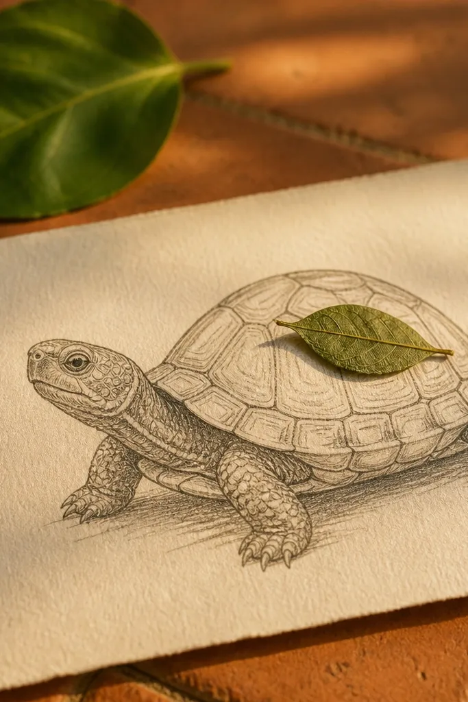 A turtle with a simple leaf shape sitting on the top of its shell