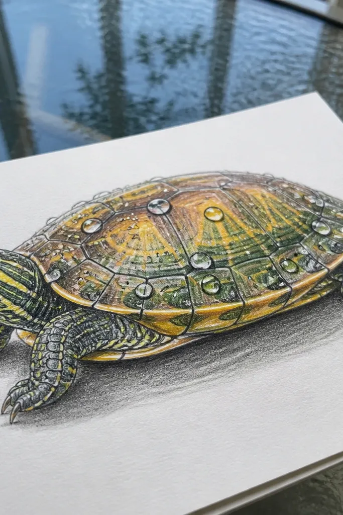 A turtle shell with several small water droplets and highlights