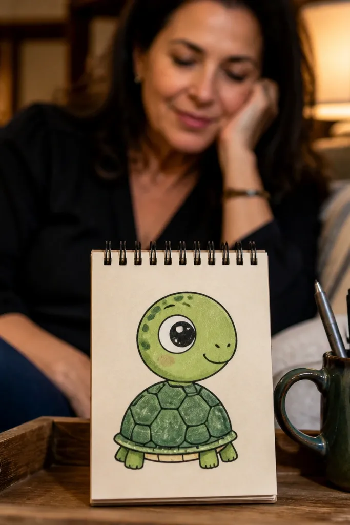 A cute turtle with a big eye and a rounded smiling face