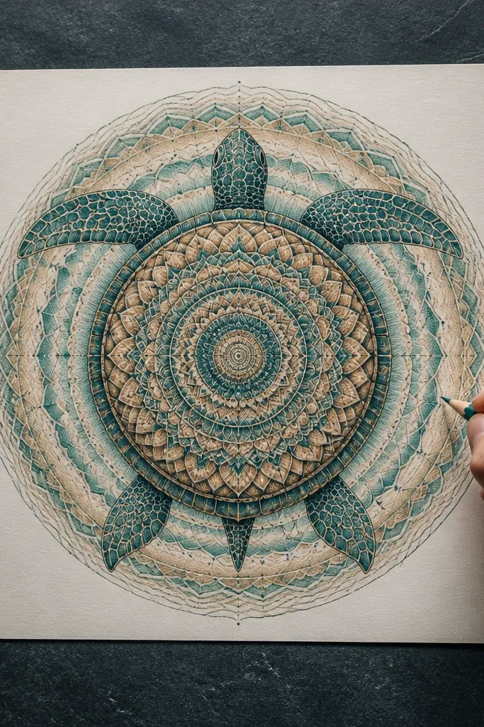 A turtle with a shell patterned like a simple circular mandala