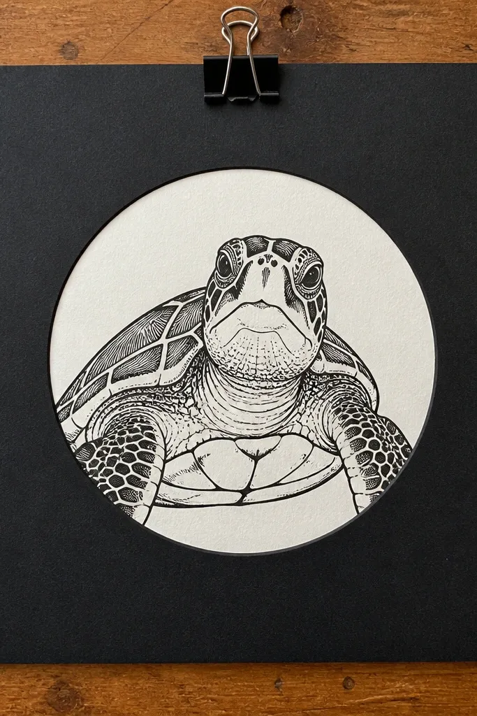 A turtle peeking out of a hollow circle frame with simple shell lines