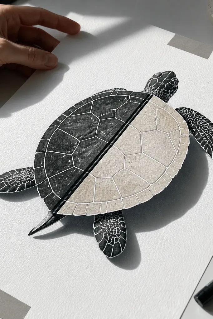 A turtle with a shell split into two green tones with a sharp shadow edge