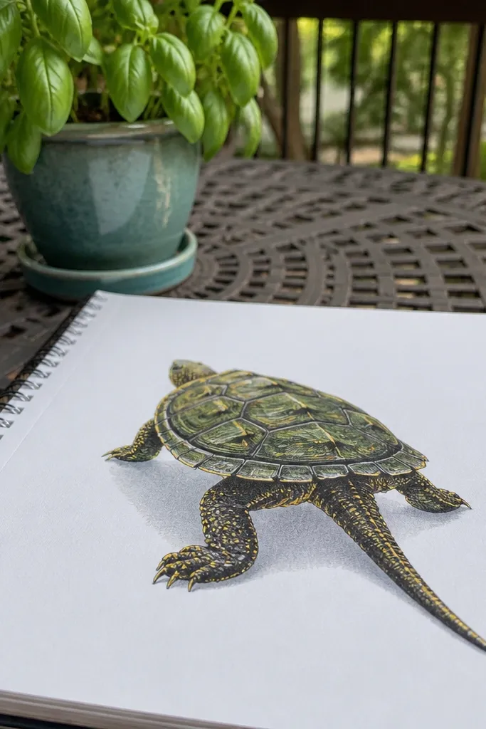 A turtle walking away with a long curved tail and simple shell pattern
