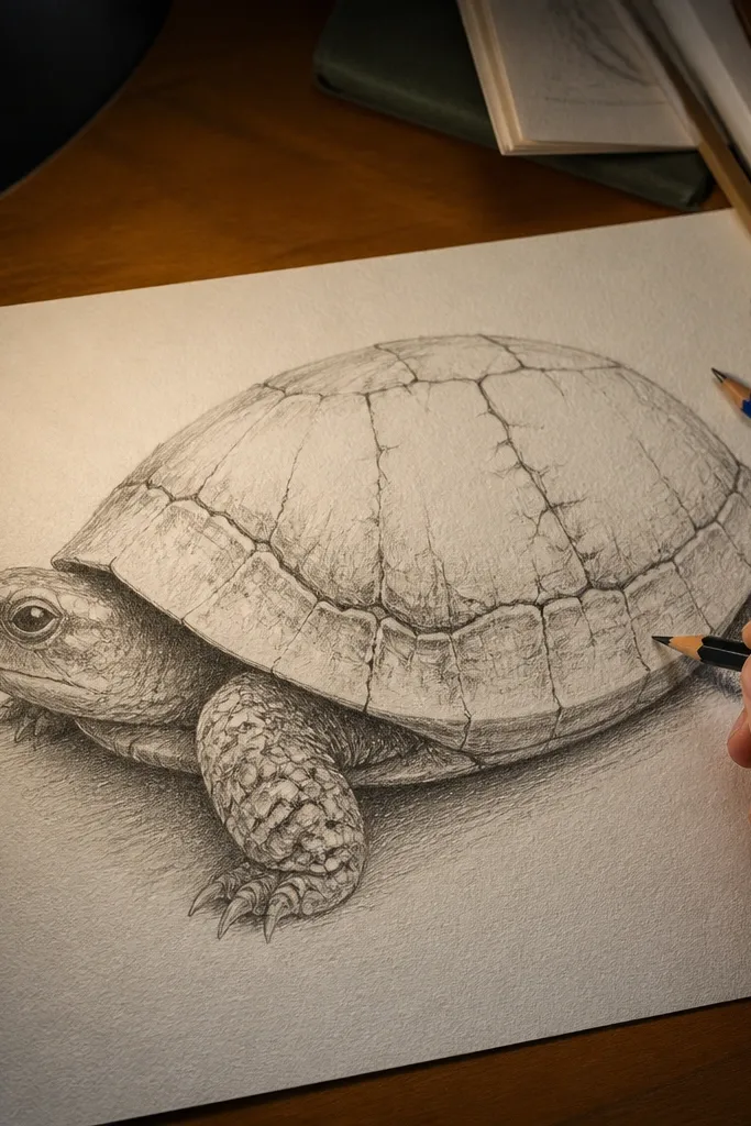 A turtle with cracked shell lines and soft pencil hatching shadows
