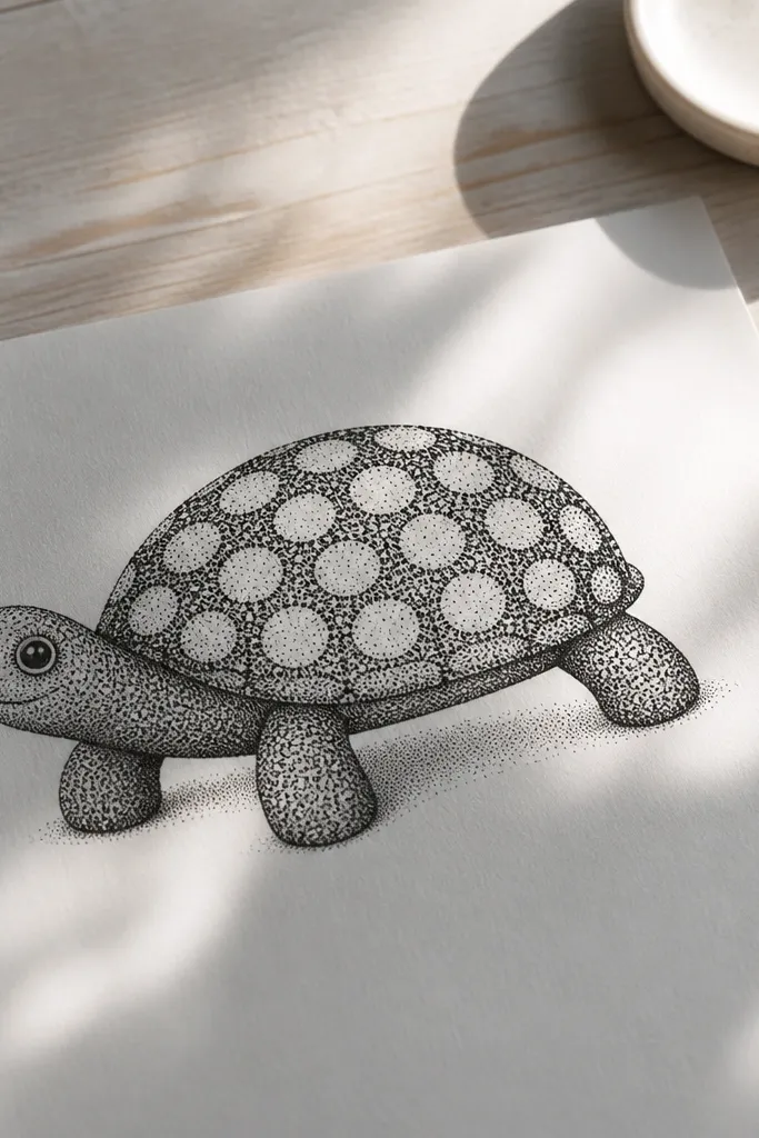 A turtle with polka-dot shell and soft shadows under its legs