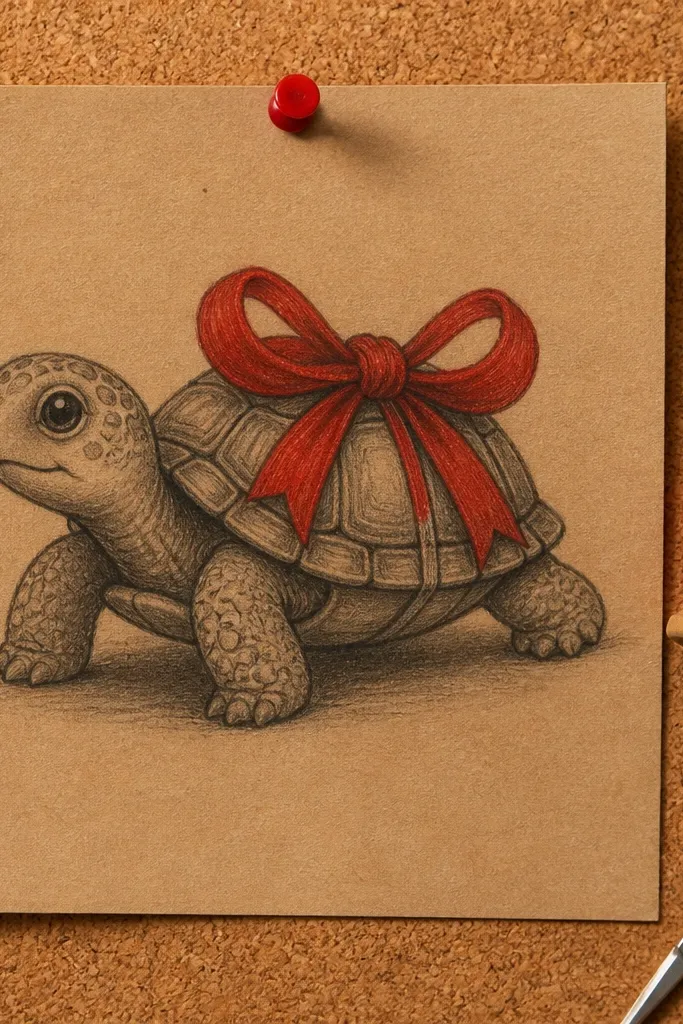 A turtle with a small bow tie shape on its shell and simple coloring