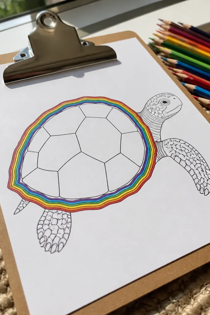 A turtle with a rainbow-colored shell outline and simple green fill