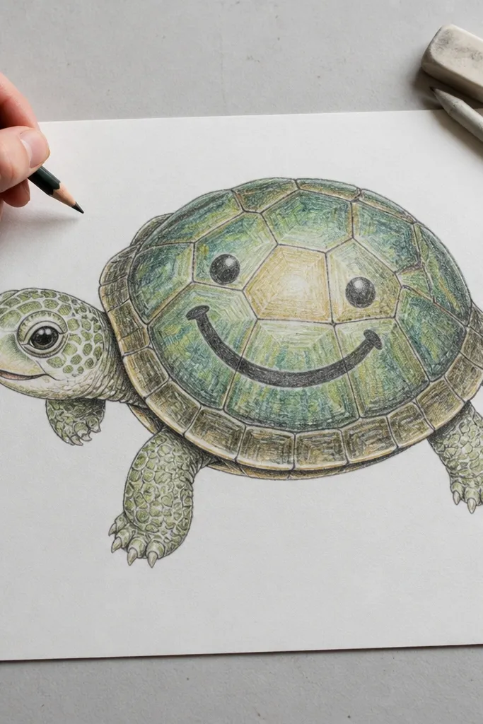 A cute turtle with a smile-like curved pattern on its shell