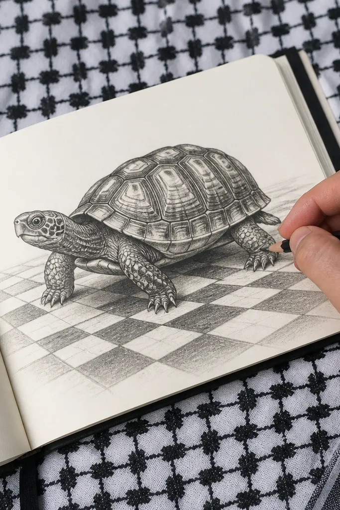A turtle standing on a checkerboard pattern ground with clean shadows