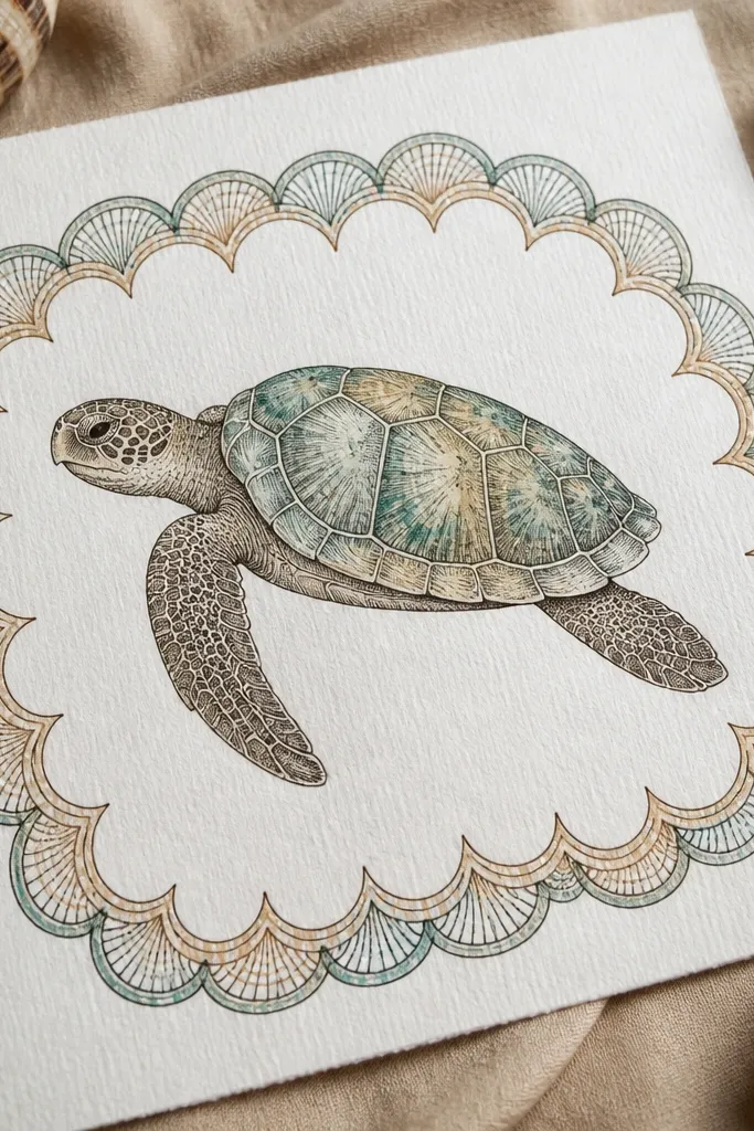 A turtle with a seashell-pattern border around the shell