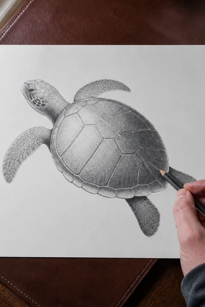 A turtle shell with a smooth gradient from light to dark using pencil shading