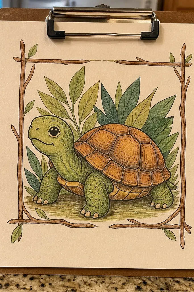 A turtle in front of a branch frame with a few leafy shapes behind it