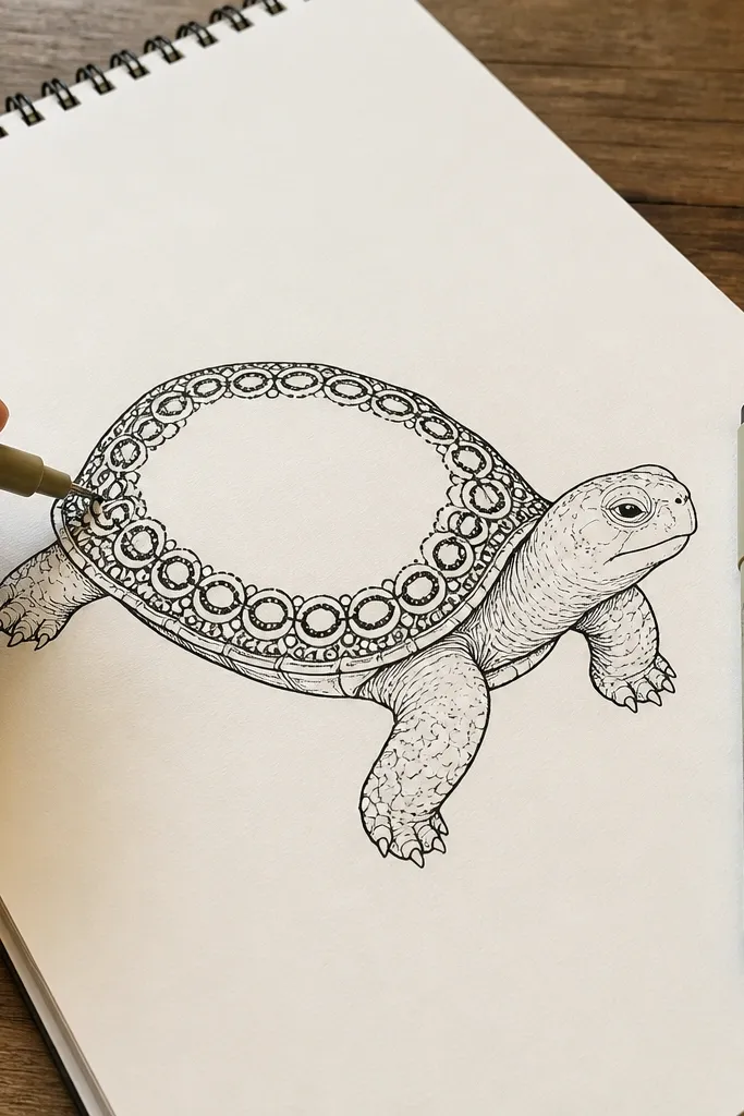 A turtle with a shell border made of small circles and dots