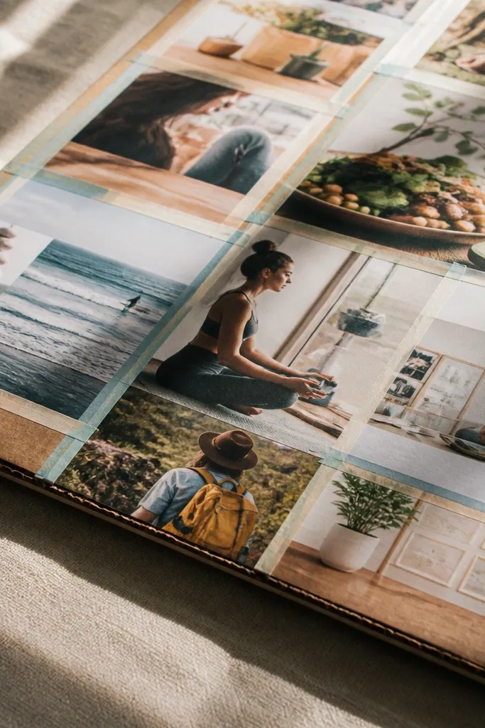 Grid of magazine cutouts on brown cereal-box cardboard with thin white washi tape borders